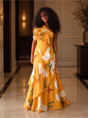 JardinVue 3D Floral One-Shoulder Ruffle Maxi Dress Yellow Size S